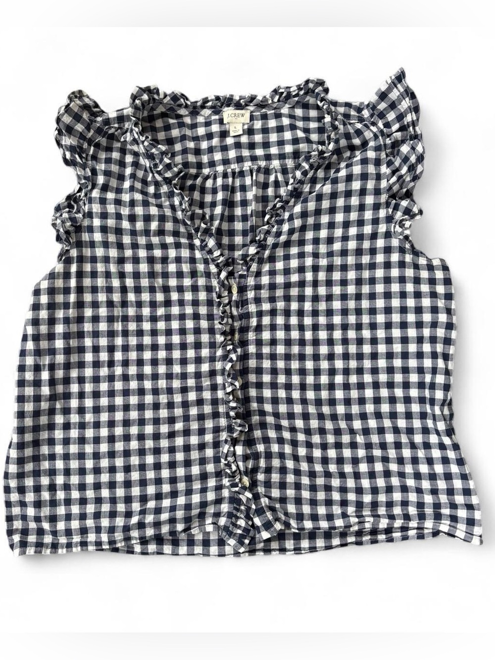 J.Crew Navy White Gingham Ruffle Sleeveless Blouse Cotton Buffalo Check Top L